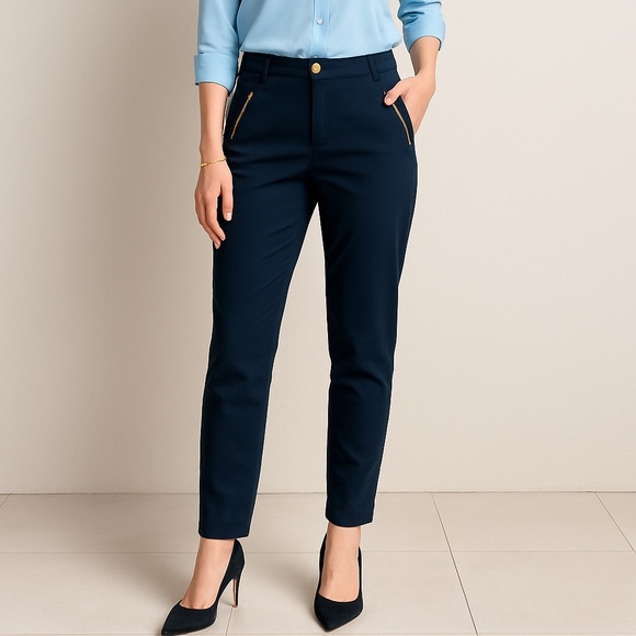 Michael Michael Kors Navy Ankle Pants with Gold Zipper Detail – Size 10 - Picture 1 of 5
